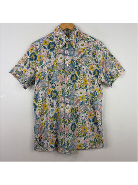Atelier Munro Shirt Mens XL Blue Pink Yellow Floral Cotton Short Sleeve Collar